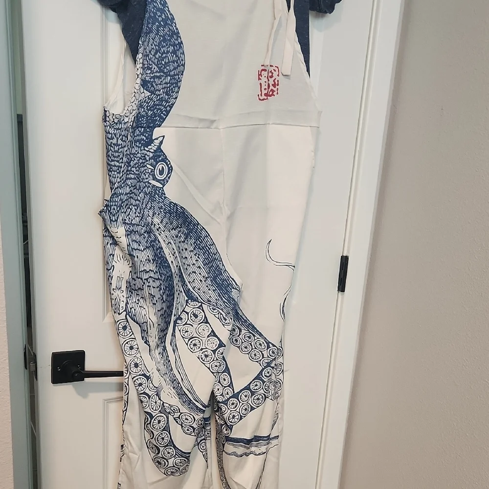 Women's nautical Blue and white squid wide legged bib overalls. Size XL - Picture 2 of 8